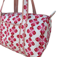 Hand block-printed overnight bag in sienna pink print, 100% cotton