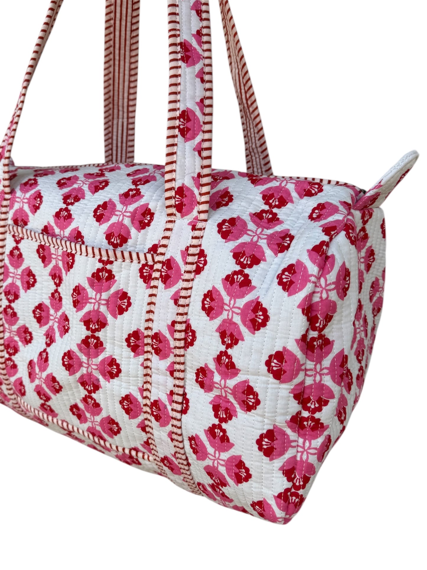 Hand block-printed overnight bag in sienna pink print, 100% cotton