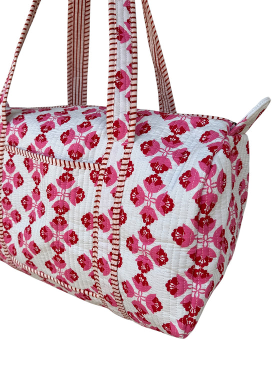 Hand block-printed overnight bag in sienna pink print, 100% cotton