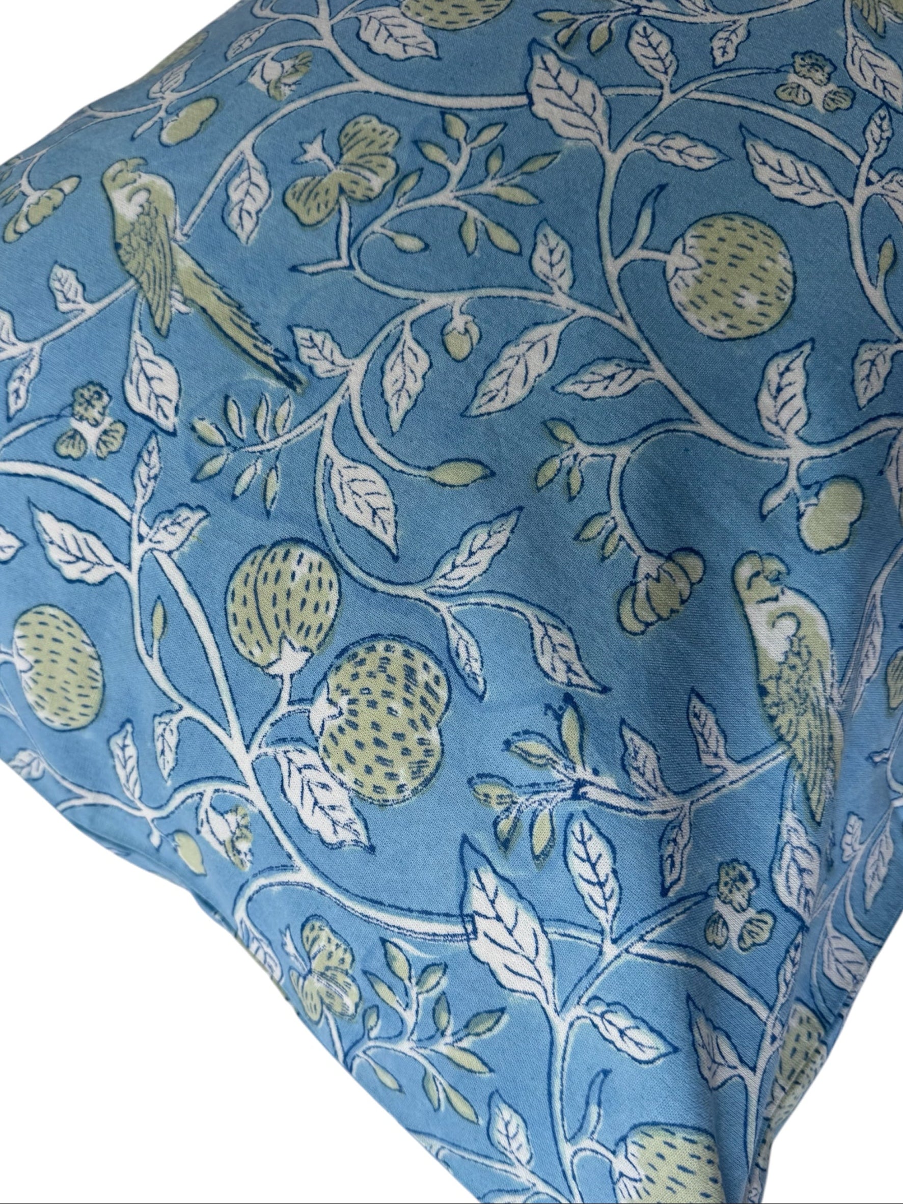 Hand block-printed pillowcase pair in blue parrot & strawberry print, 100% cotton