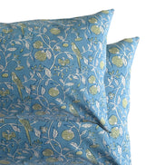 Hand block-printed pillowcase pair in blue parrot & strawberry print, 100% cotton