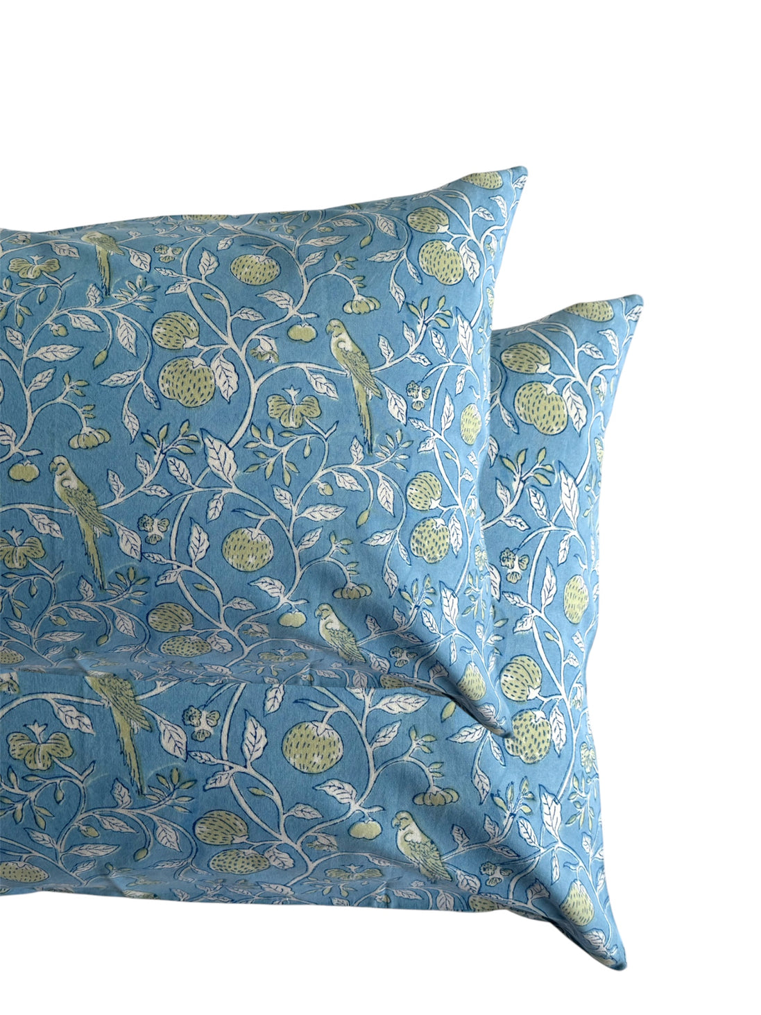 Hand block-printed pillowcase pair in blue parrot & strawberry print, 100% cotton
