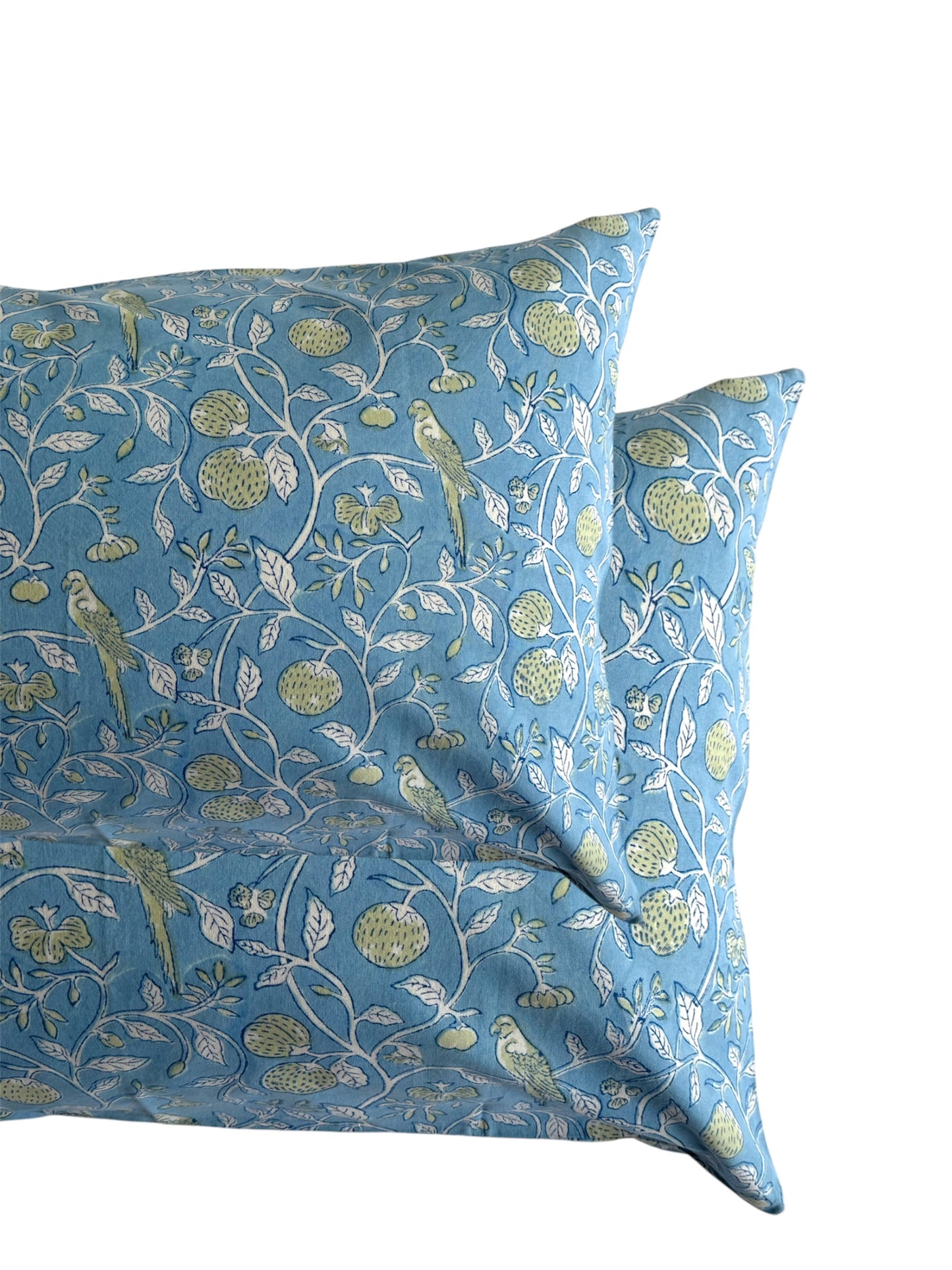 Hand block-printed pillowcase pair in blue parrot & strawberry print, 100% cotton
