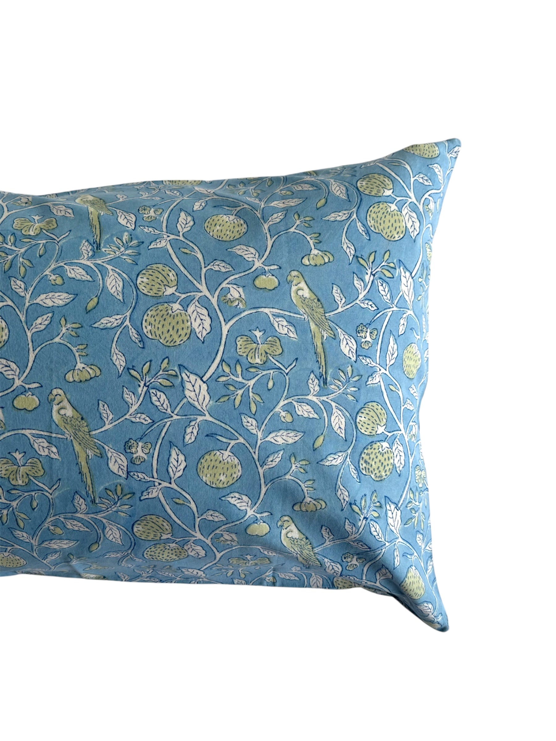 Hand block-printed pillowcase pair in blue parrot & strawberry print, 100% cotton