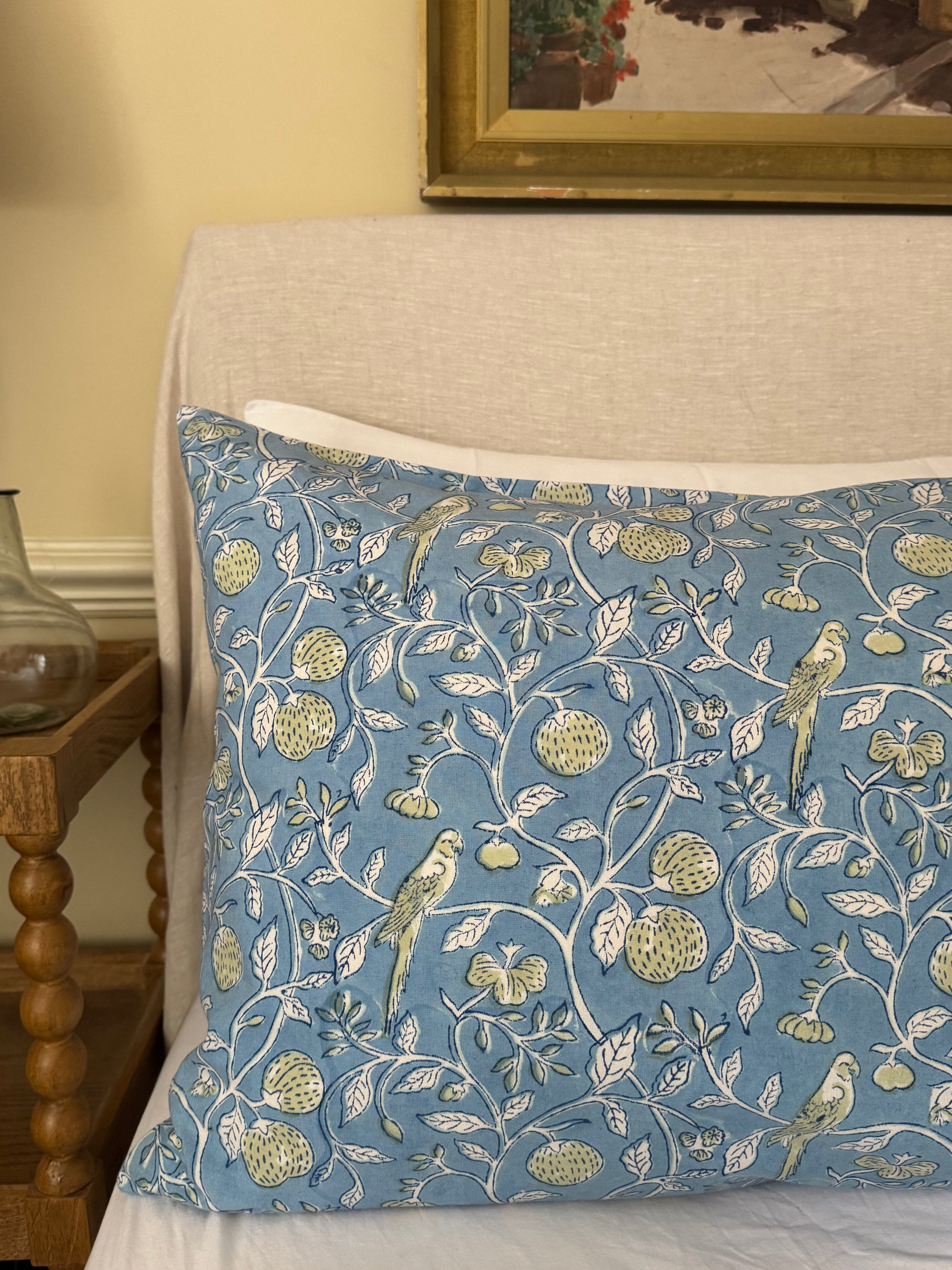 Hand block-printed pillowcase pair in blue parrot & strawberry print, 100% cotton