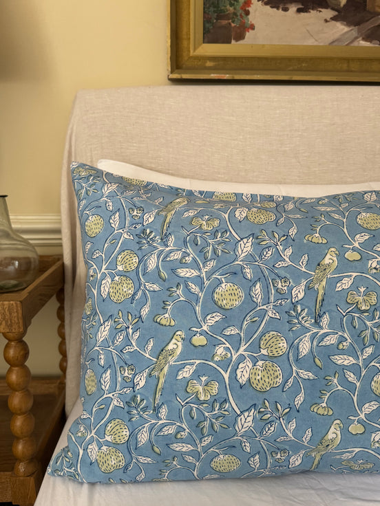 Hand block-printed pillowcase pair in blue parrot & strawberry print, 100% cotton