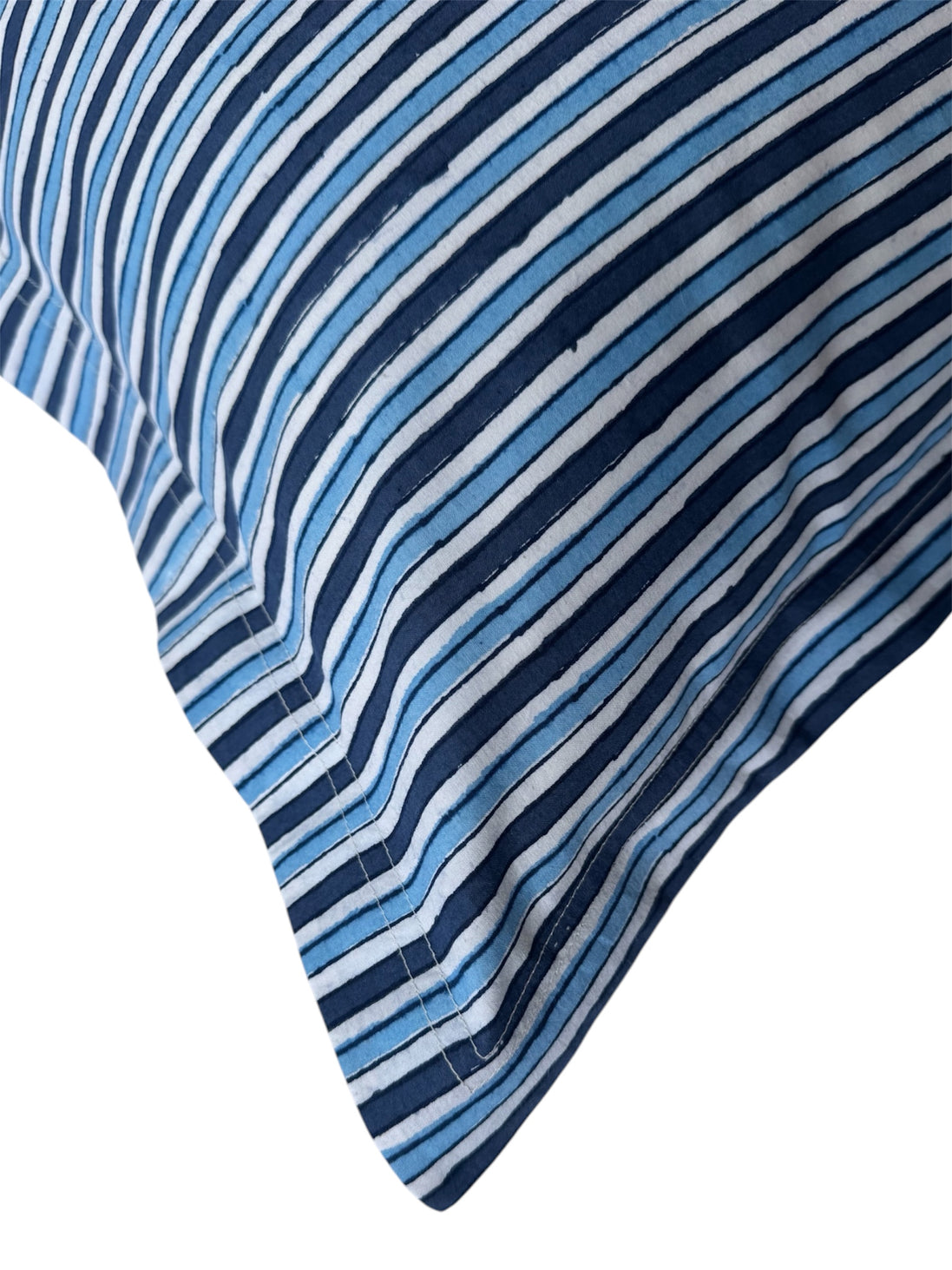 Hand block-printed pillowcase pair in blue stripe print, 100% cotton