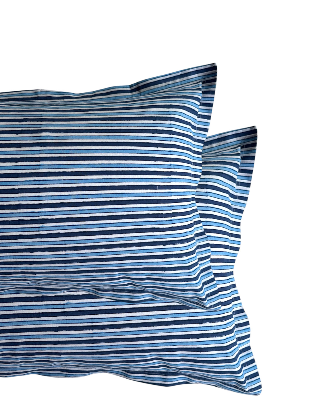 Hand block-printed pillowcase pair in blue stripe print, 100% cotton