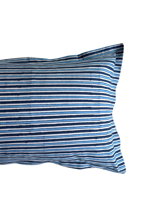 Hand block-printed pillowcase pair in blue stripe print, 100% cotton