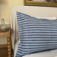 Hand block-printed pillowcase pair in blue stripe print, 100% cotton