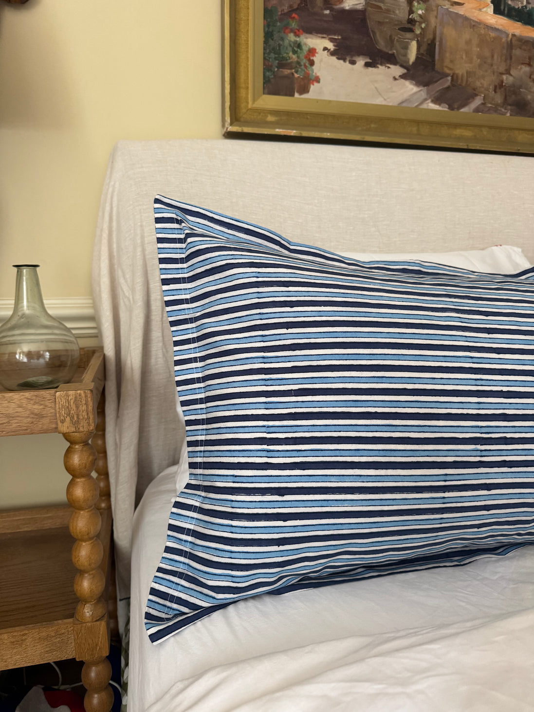 Hand block-printed pillowcase pair in blue stripe print, 100% cotton