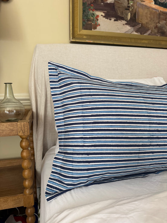 Hand block-printed pillowcase pair in blue stripe print, 100% cotton