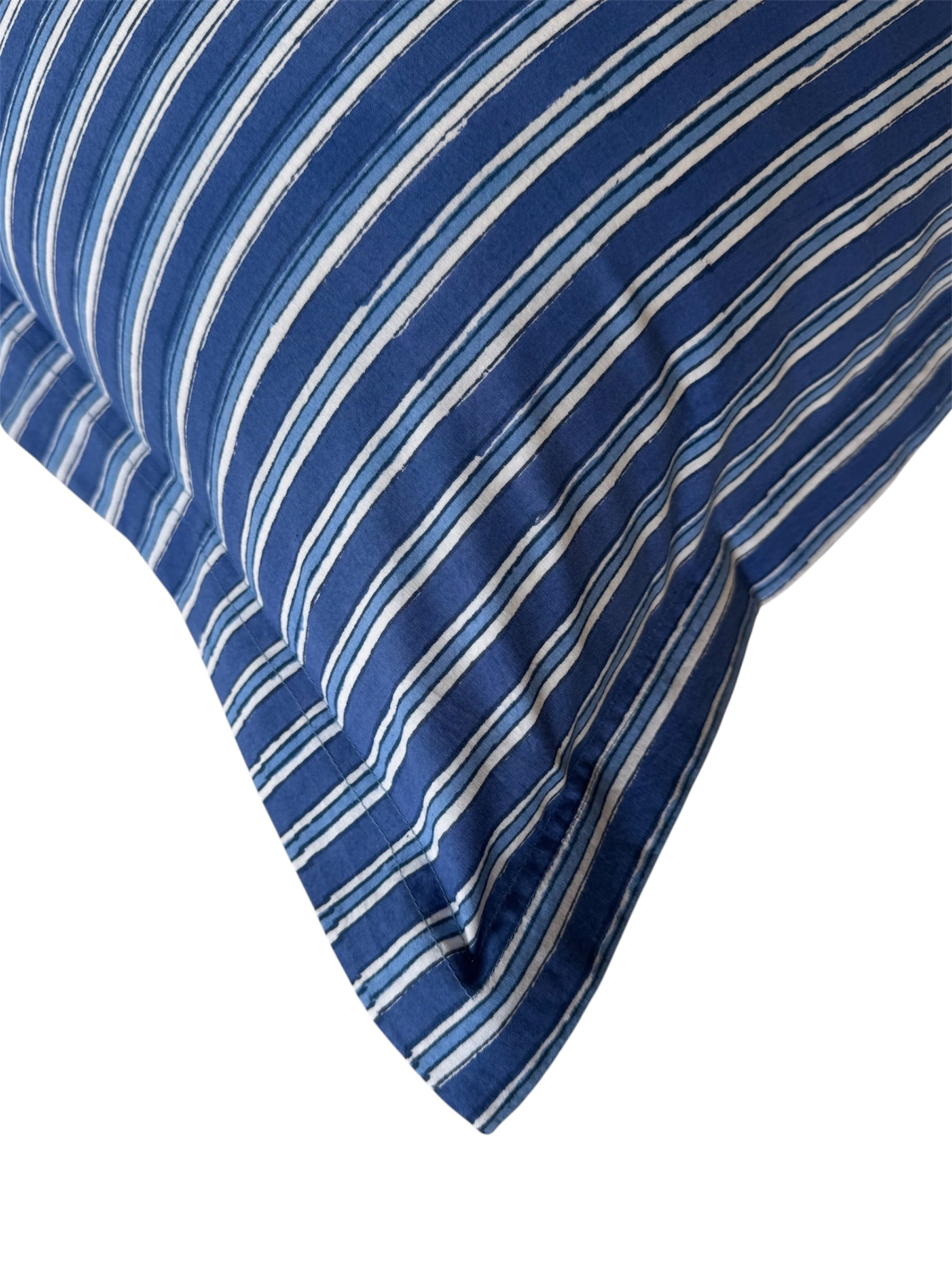 Hand block-printed pillowcase pair in dark blue stripe print, 100% cotton