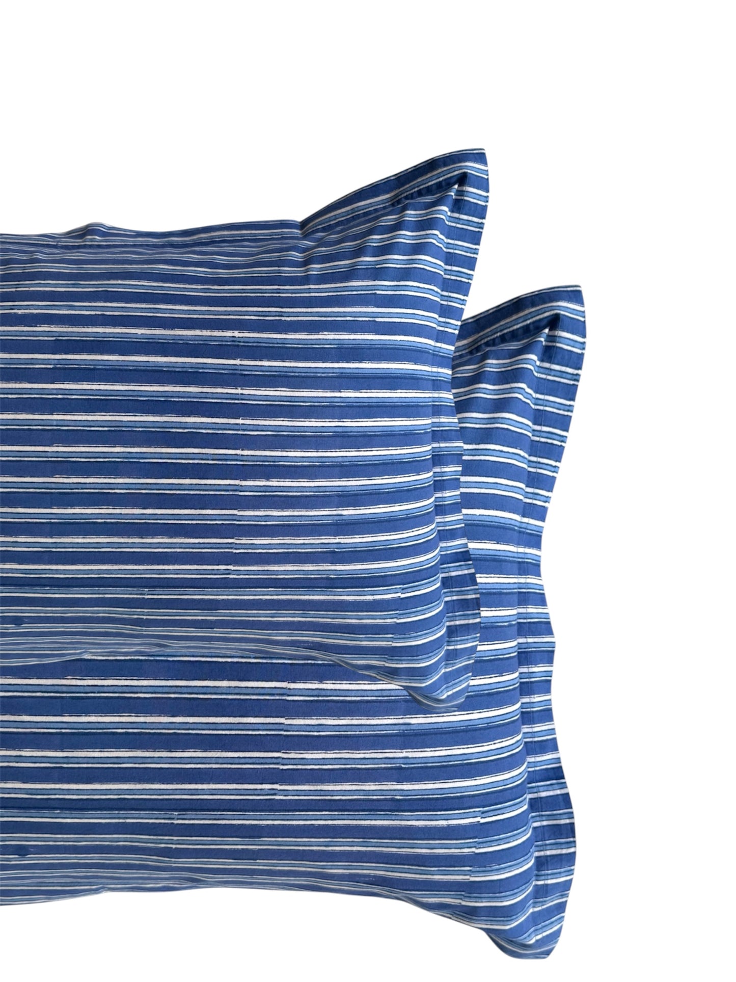Hand block-printed pillowcase pair in dark blue stripe print, 100% cotton