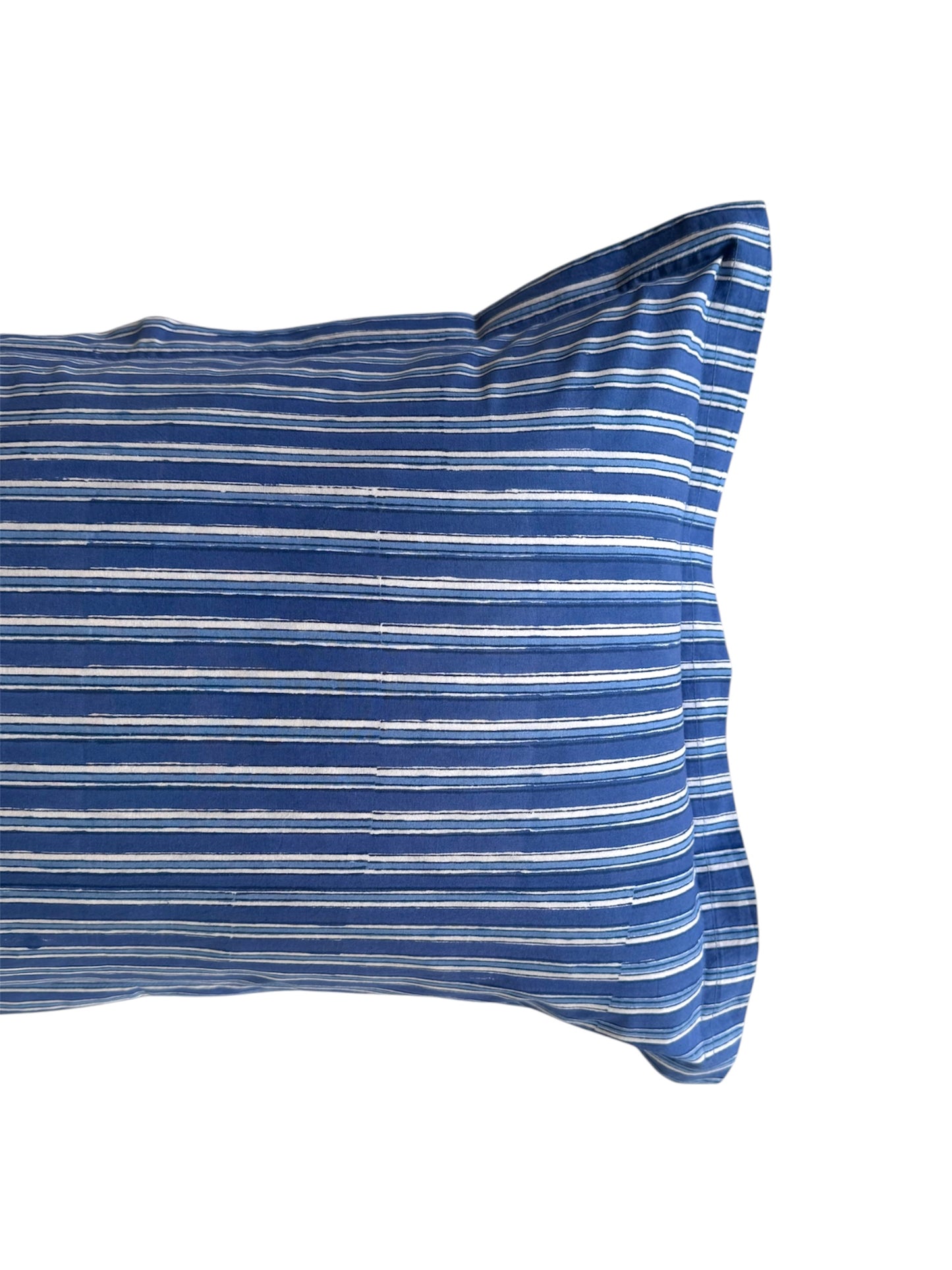 Hand block-printed pillowcase pair in dark blue stripe print, 100% cotton