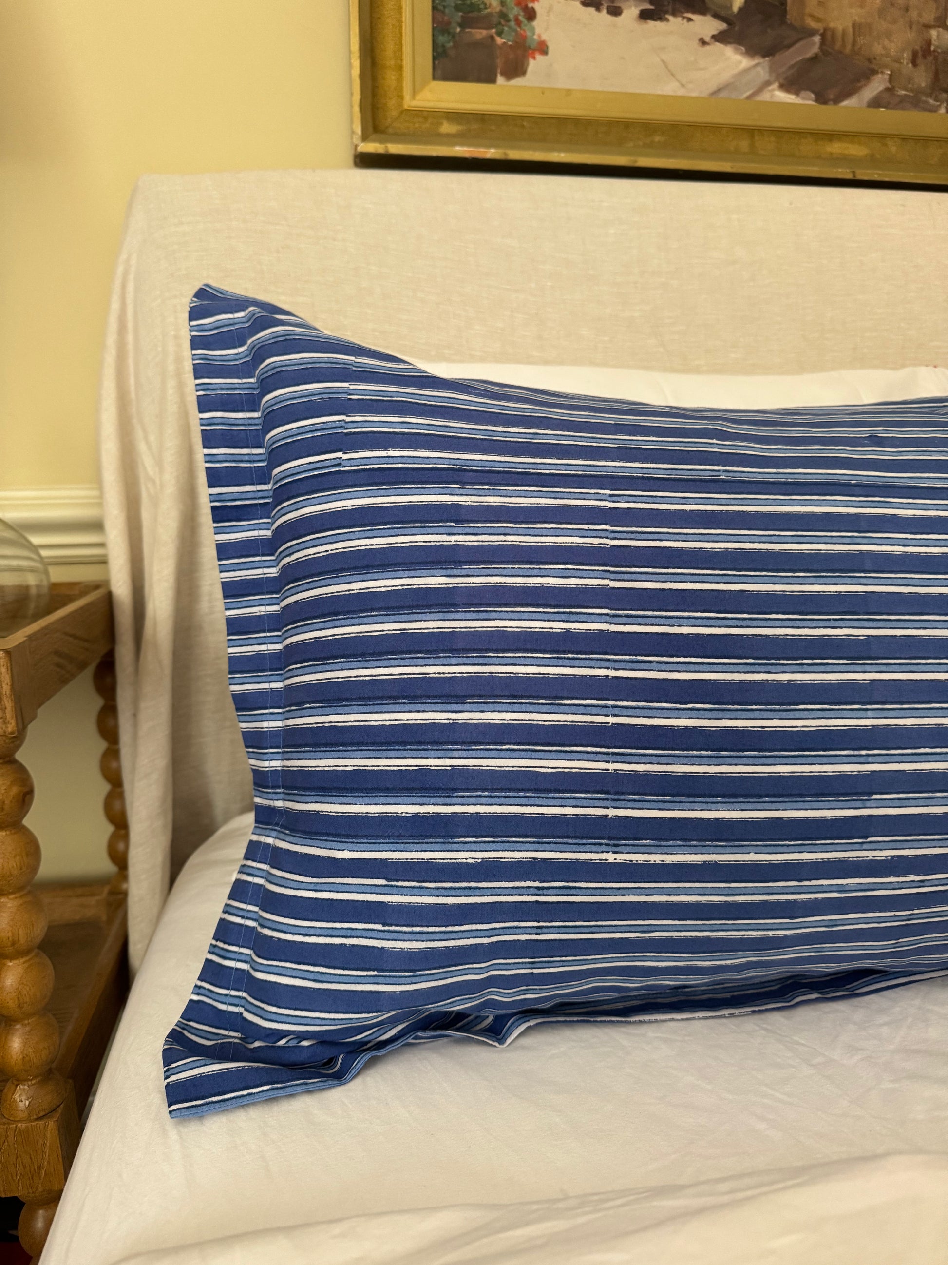 Hand block-printed pillowcase pair in dark blue stripe print, 100% cotton