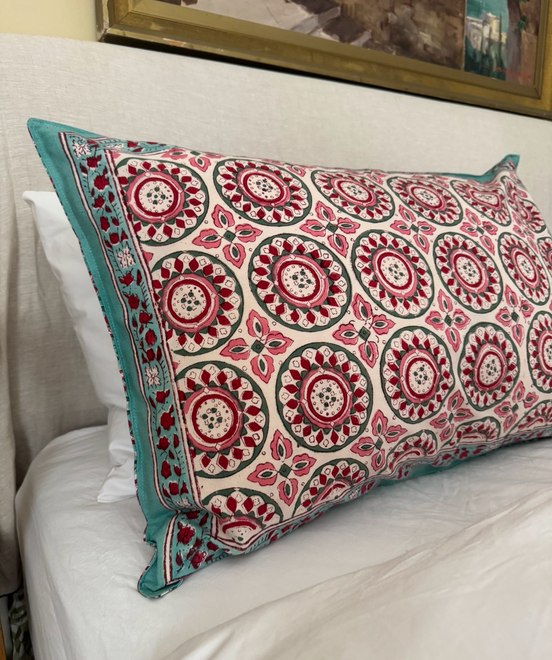 Hand block-printed pillowcase pair in iona pink print, 100% cotton