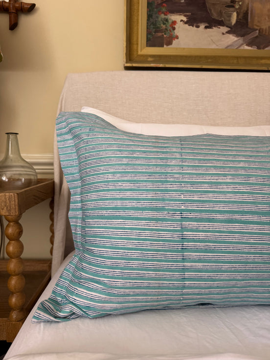 Hand block-printed pillowcase pair in light blue stripe print, 100% cotton