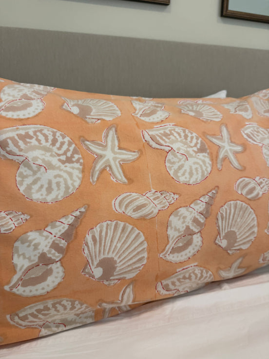 Hand block-printed pillowcase pair in ochre seashell print, 100% cotton