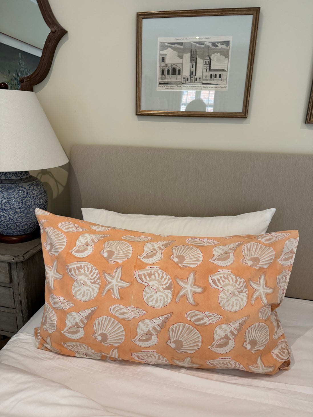 Hand block-printed pillowcase pair in ochre seashell print, 100% cotton