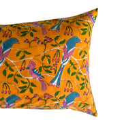 Hand block-printed pillowcase pair in orange, pink & blue parrot print, 100% cotton