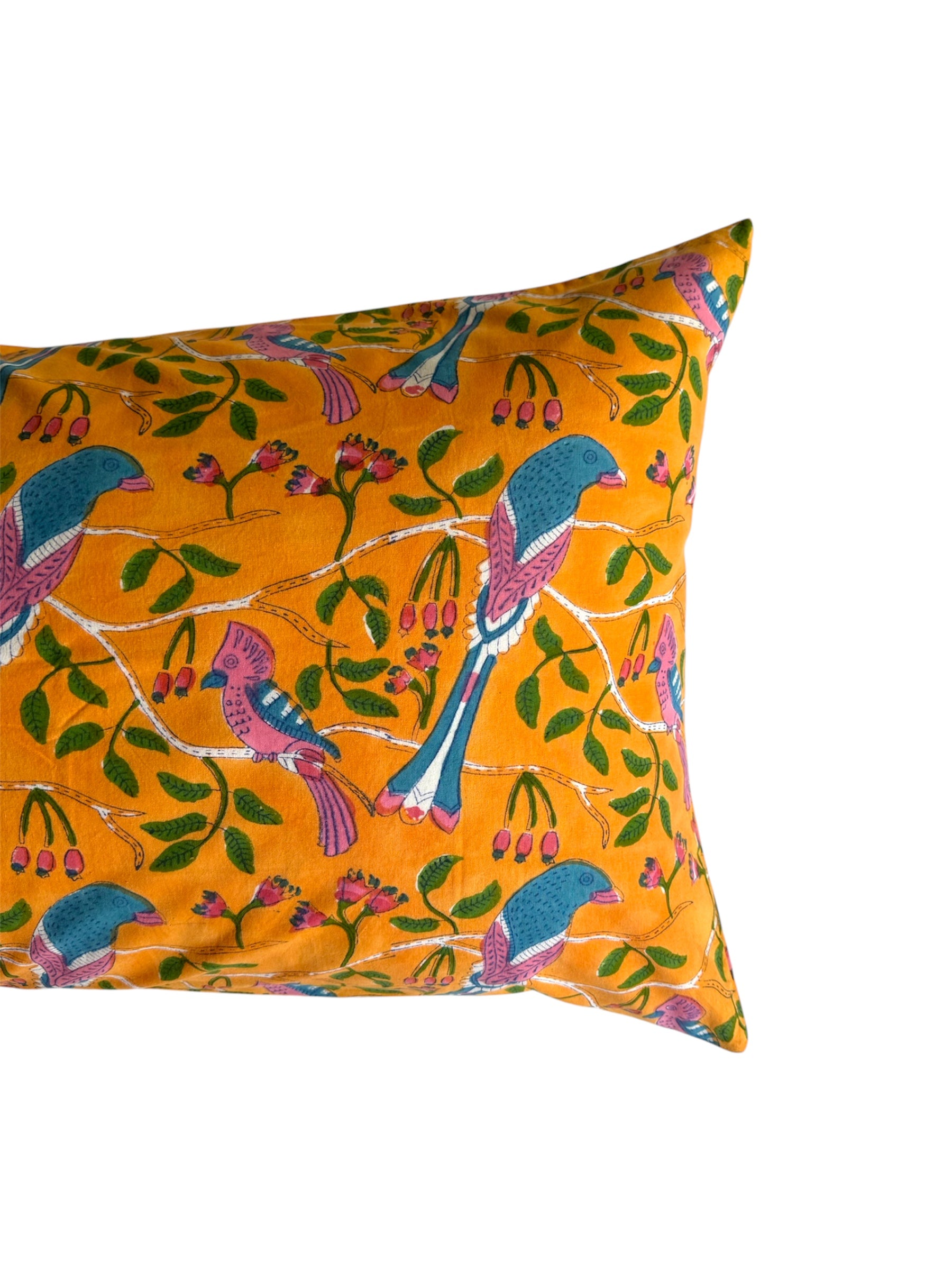 Hand block-printed pillowcase pair in orange, pink & blue parrot print, 100% cotton