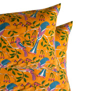 Hand block-printed pillowcase pair in orange, pink & blue parrot print, 100% cotton