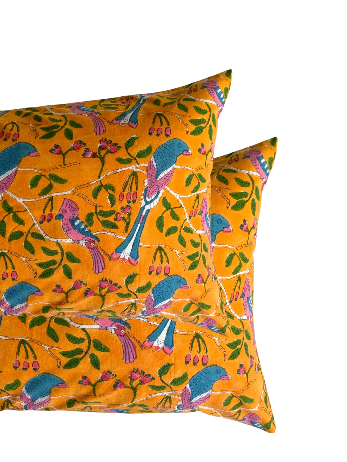 Hand block-printed pillowcase pair in orange, pink & blue parrot print, 100% cotton