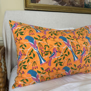 Hand block-printed pillowcase pair in orange, pink & blue parrot print, 100% cotton