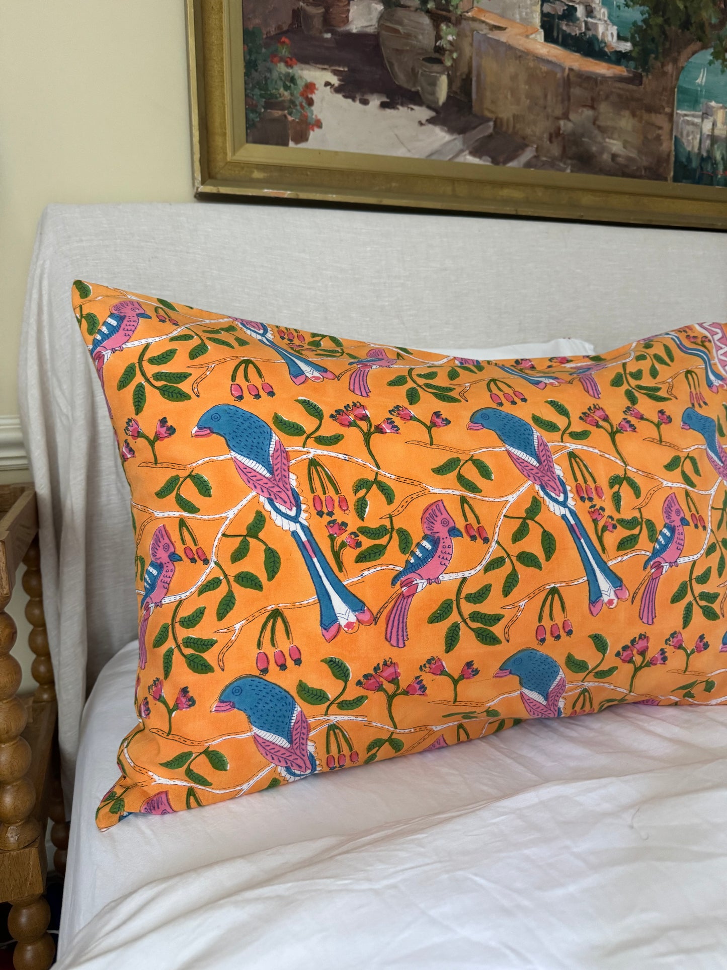 Hand block-printed pillowcase pair in orange, pink & blue parrot print, 100% cotton
