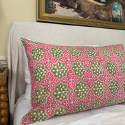 Hand block-printed pillowcase pair in pink & green print, 100% cotton