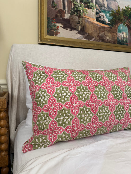 Hand block-printed pillowcase pair in pink & green print, 100% cotton
