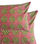 Hand block-printed pillowcase pair in pink & green print, 100% cotton
