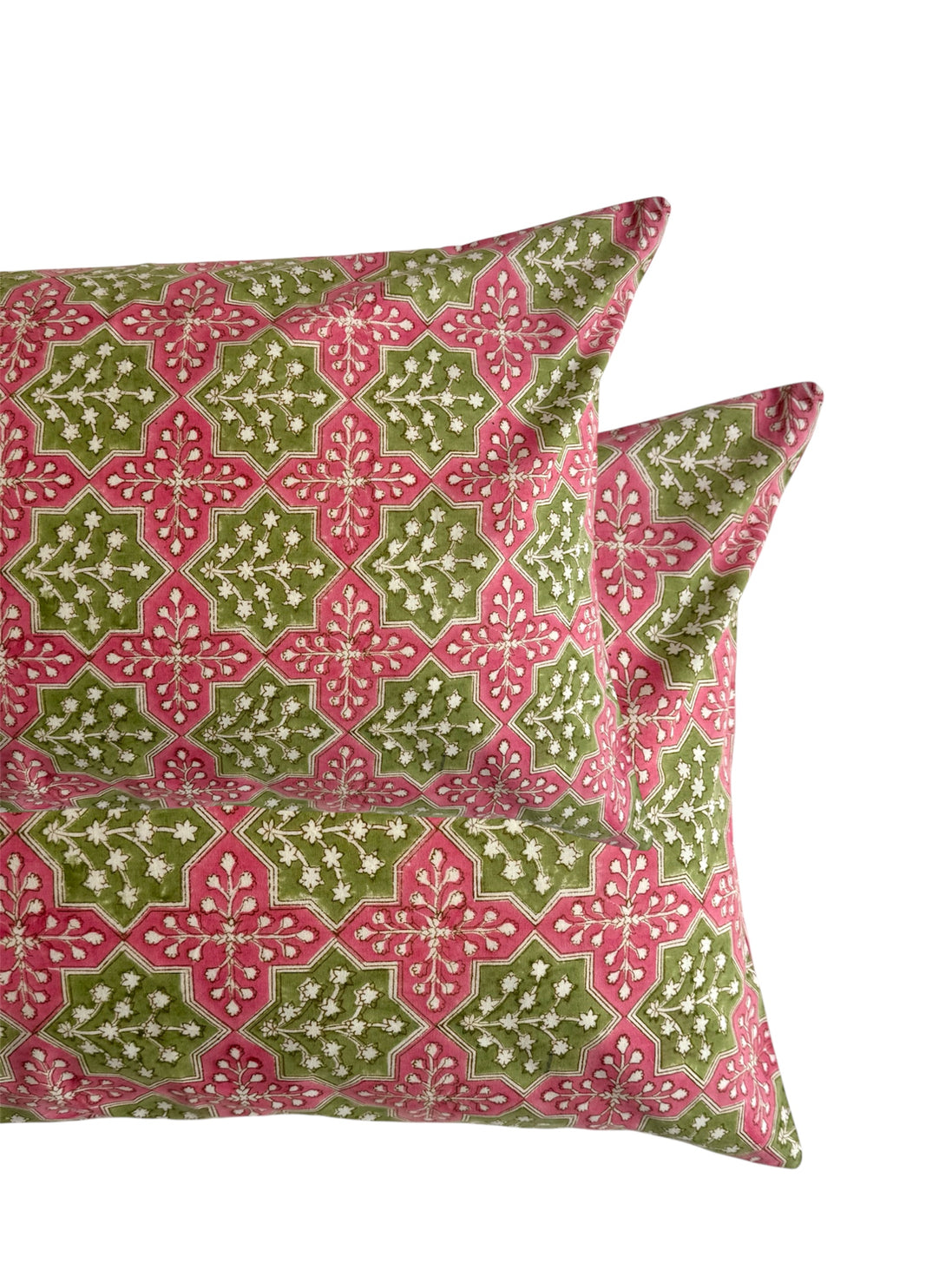 Hand block-printed pillowcase pair in pink & green print, 100% cotton