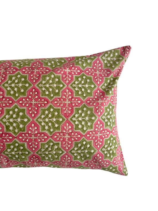 Hand block-printed pillowcase pair in pink & green print, 100% cotton