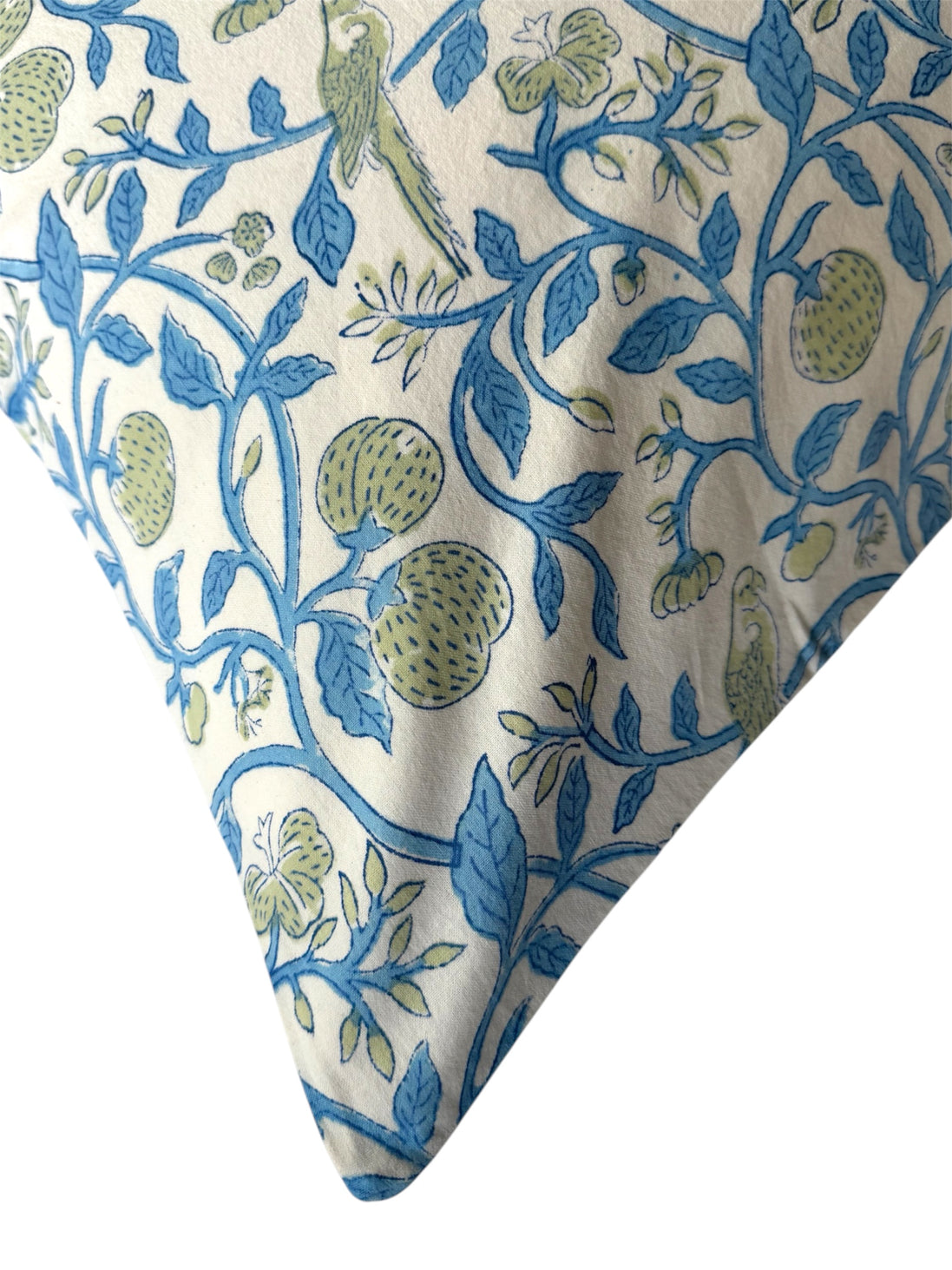 Hand block-printed pillowcase pair in white parrot & strawberry print, 100% cotton
