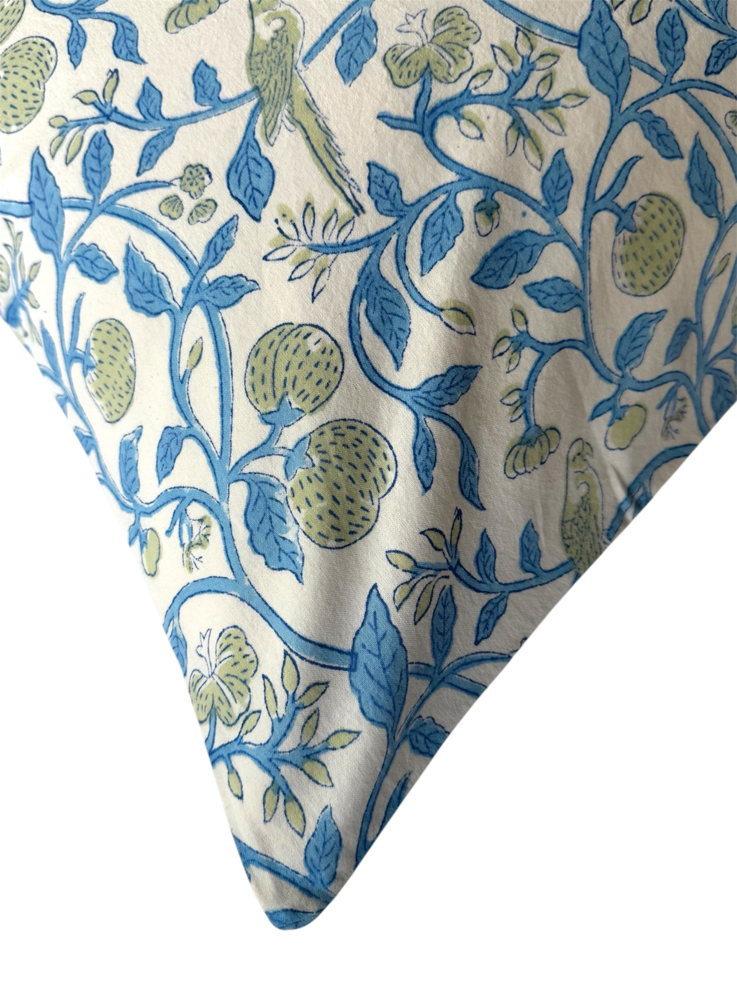Hand block-printed pillowcase pair in white parrot & strawberry print, 100% cotton