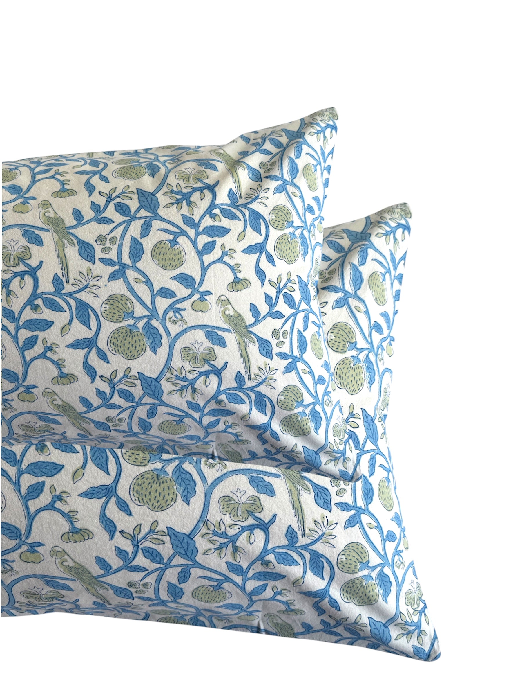 Hand block-printed pillowcase pair in white parrot & strawberry print, 100% cotton
