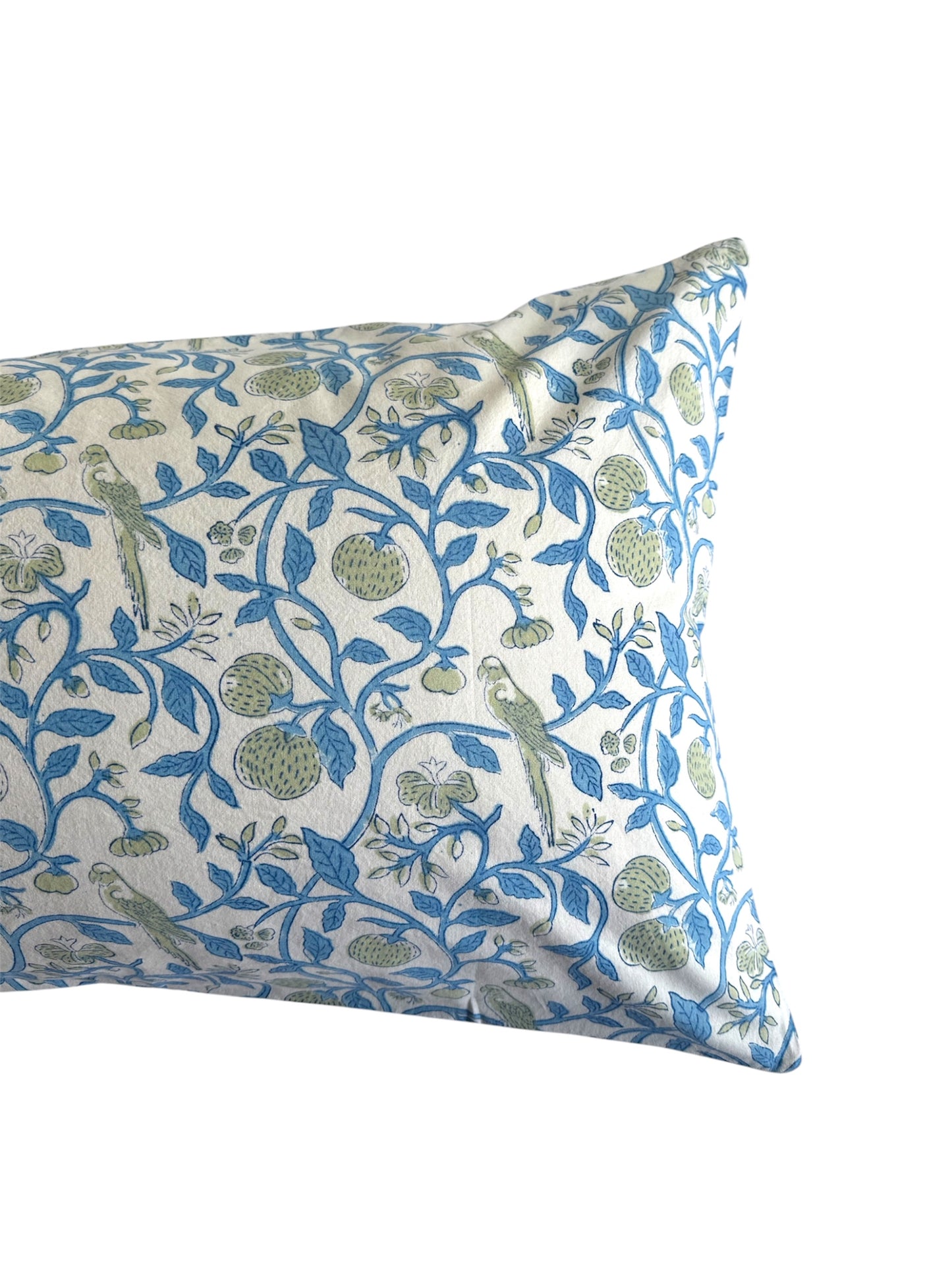 Hand block-printed pillowcase pair in white parrot & strawberry print, 100% cotton