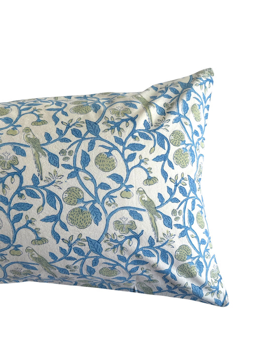 Hand block-printed pillowcase pair in white parrot & strawberry print, 100% cotton