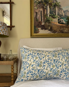 Hand block-printed pillowcase pair in white parrot & strawberry print, 100% cotton