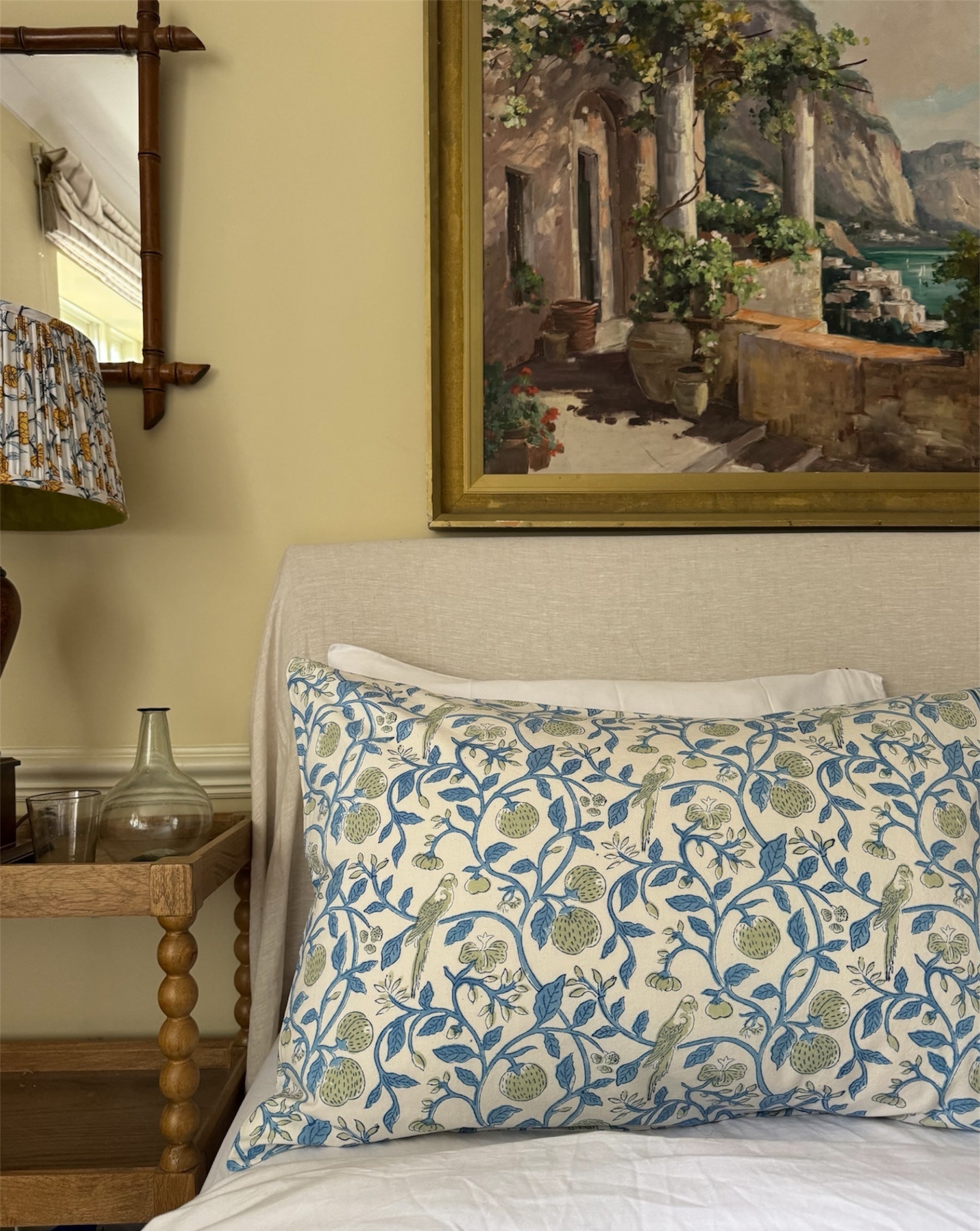 Hand block-printed pillowcase pair in white parrot & strawberry print, 100% cotton