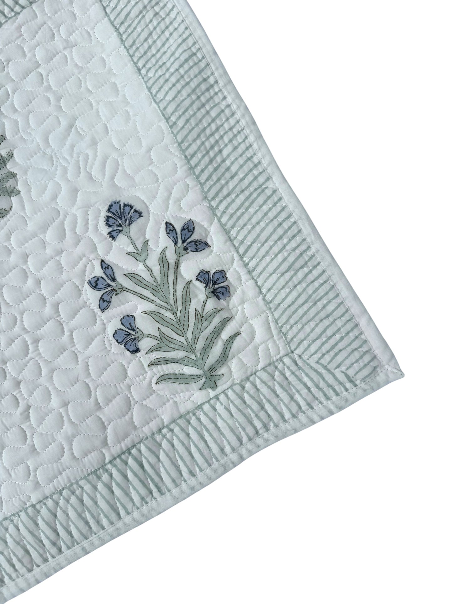 Hand block-printed quilted cushion/pillowcase in blue flower & tree print, 100% cotton