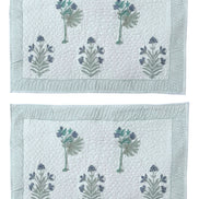 Hand block-printed quilted cushion/pillowcase in blue flower & tree print, 100% cotton