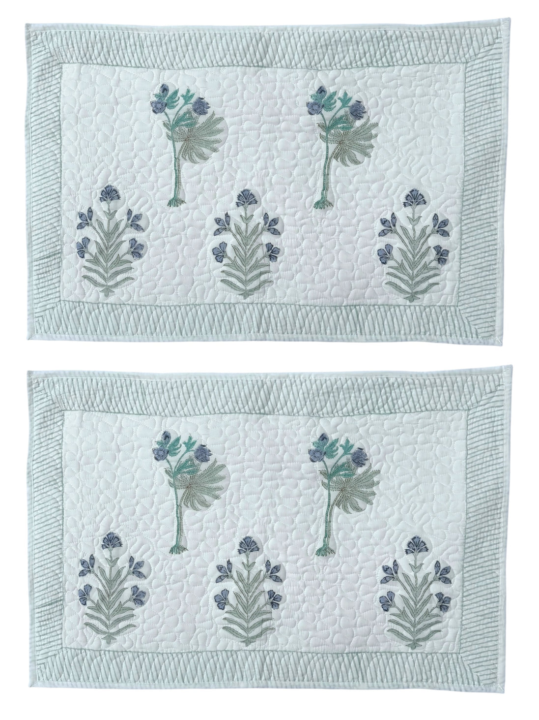 Hand block-printed quilted cushion/pillowcase in blue flower & tree print, 100% cotton