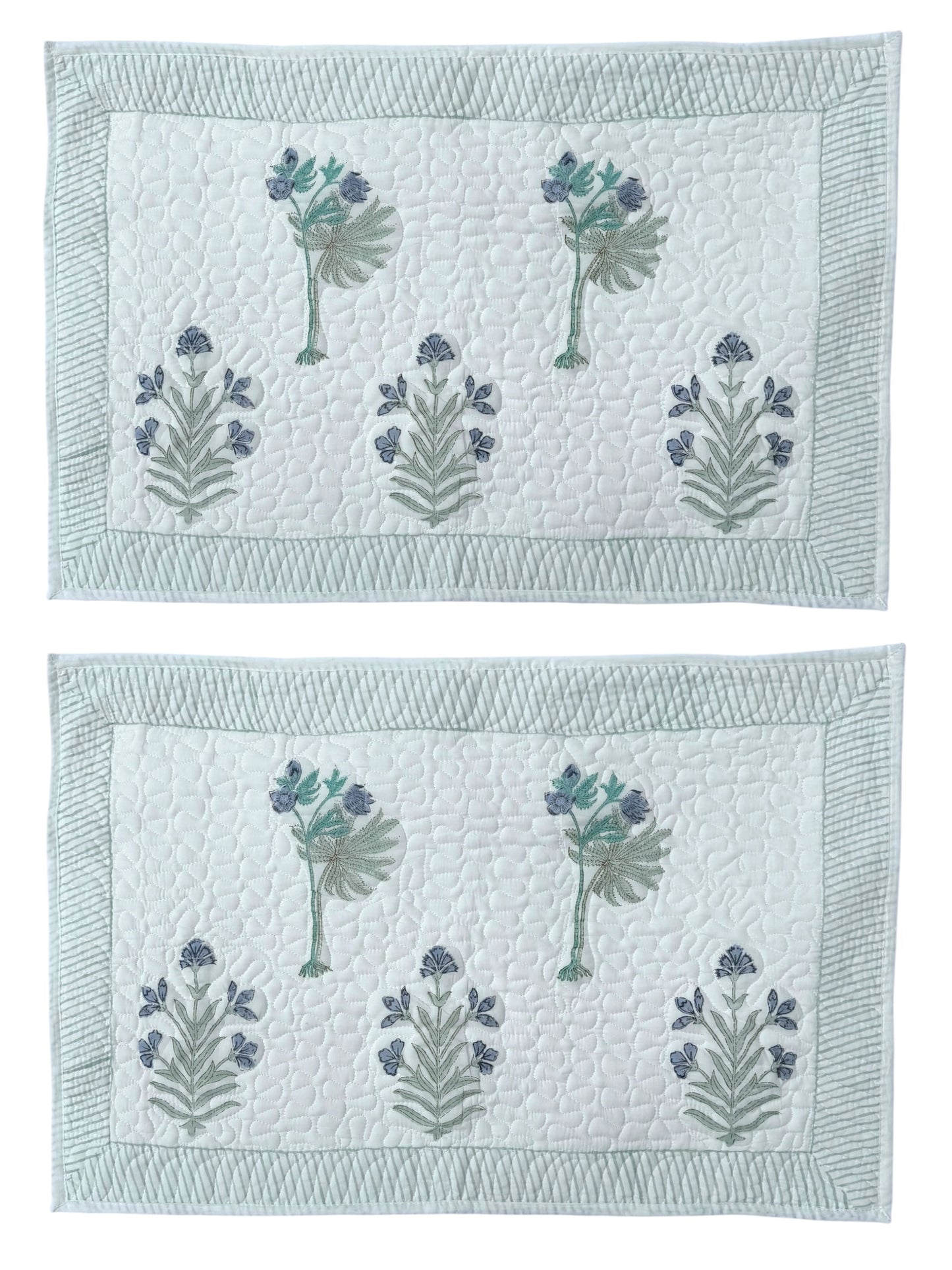 Hand block-printed quilted cushion/pillowcase in blue flower & tree print, 100% cotton