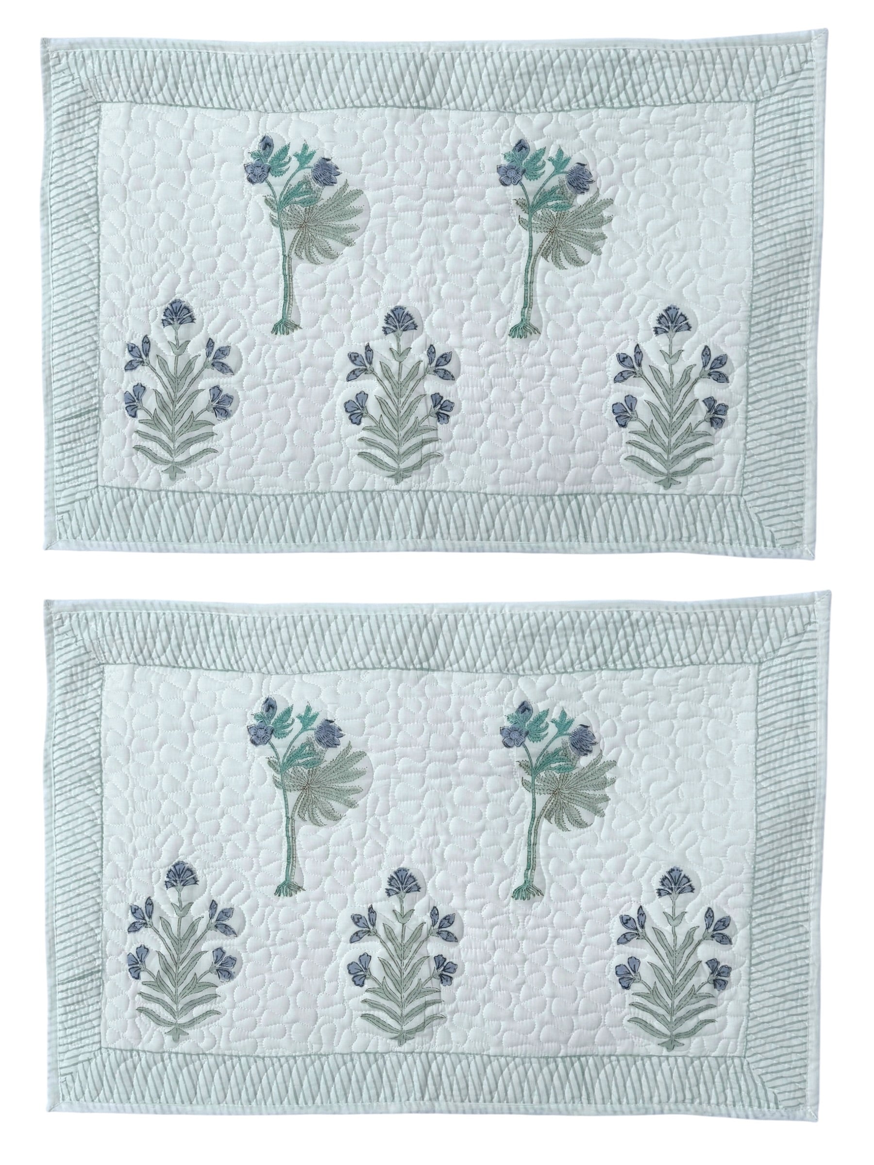 Hand block-printed quilted cushion/pillowcase in blue flower & tree print, 100% cotton