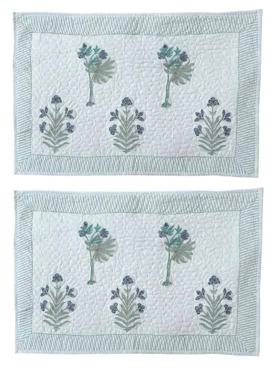Hand block-printed quilted cushion/pillowcase in blue flower & tree print, 100% cotton