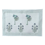 Hand block-printed quilted cushion/pillowcase in blue flower & tree print, 100% cotton