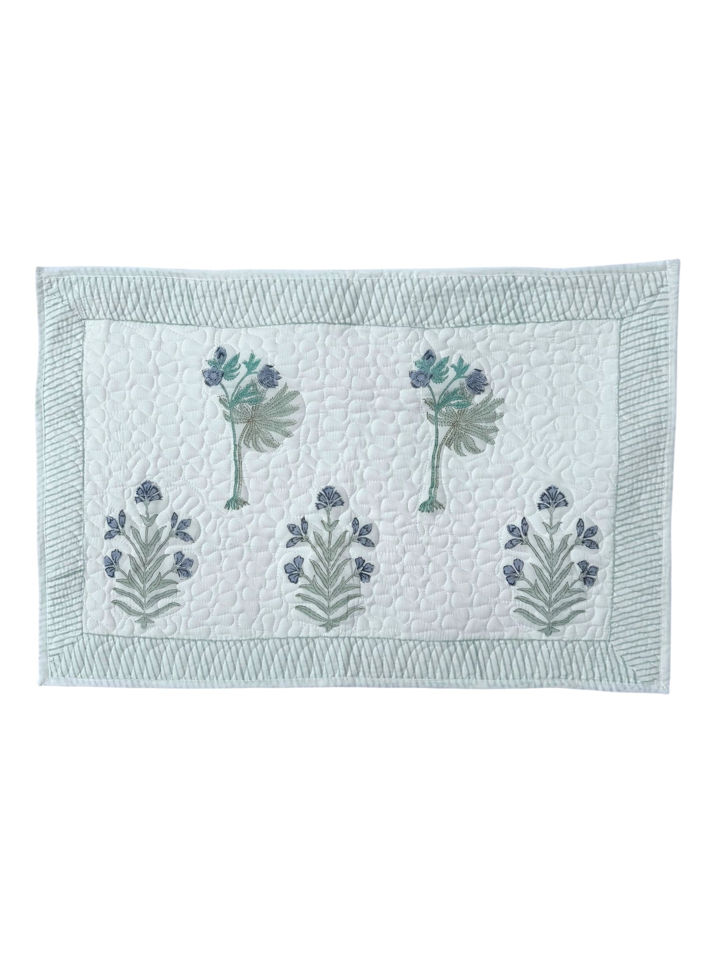 Hand block-printed quilted cushion/pillowcase in blue flower & tree print, 100% cotton